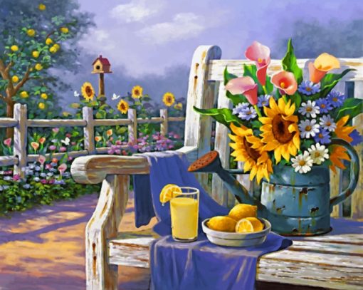 Sunflowers And Lemon On Bench paint by numbers