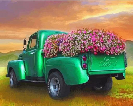 Green Truck And Flowers Paint By Number