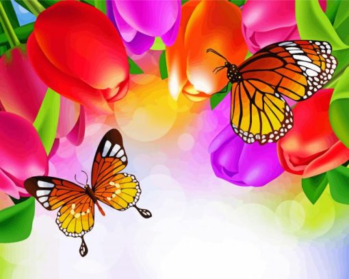 Butterfly With Colorful Tulips Paint By Number