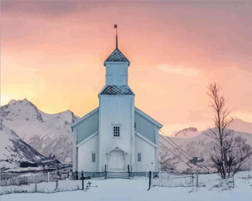 Winter Church At Sunset Paint By Number