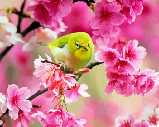 Bird In Pink Flowers Paint By Number