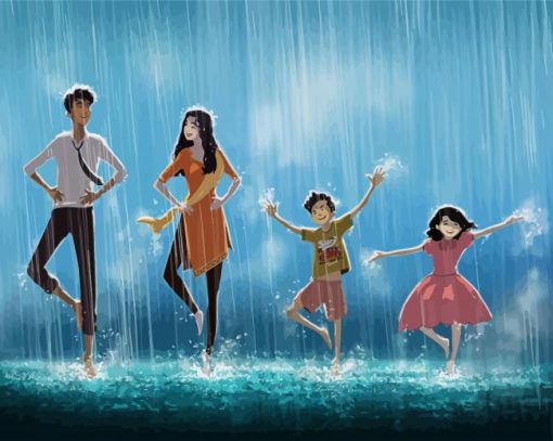 Happy Family Dancing In The Rain Paint By Number