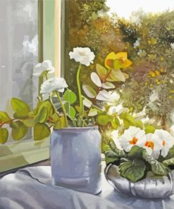 Window With White Flowers In Vase Paint By Number