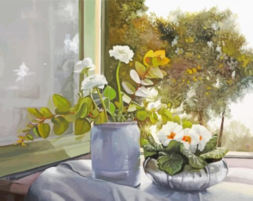 Window With White Flowers In Vase Paint By Number