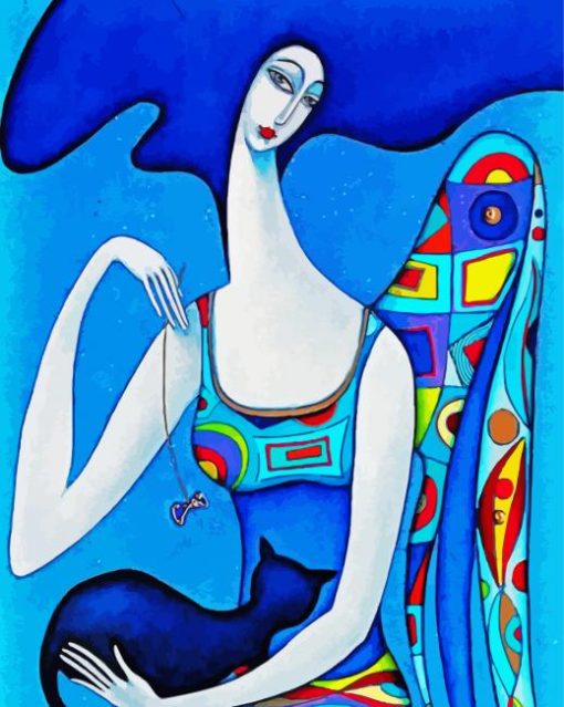 Blue Woman And Cat Paint By Number