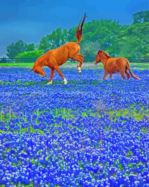 Bluebonnets And Horses Paint By Number