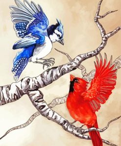 Cardinal And Blue Jay Birds On Branch Paint By Number