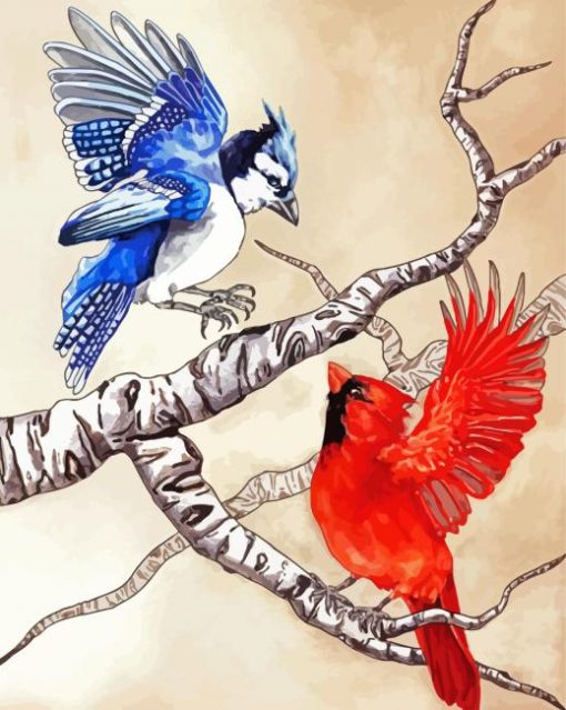 Cardinal And Blue Jay Birds On Branch Paint By Number