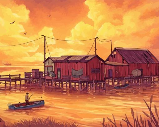 Fishing Village Sunset Art Paint By Number