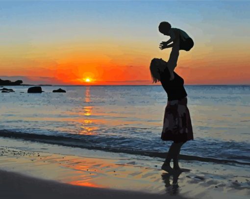 Mother And Son On Beach Sunset Paint By Number