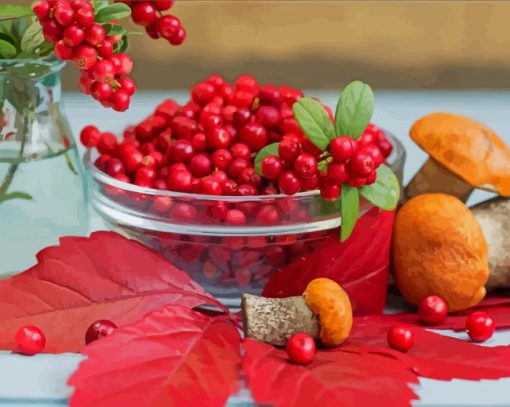 Mushroms And Rowanberry In Bowl Paint By Number