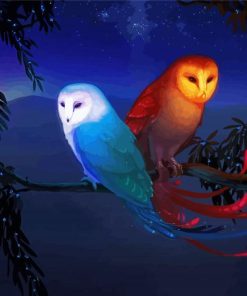 Red And Blue Bird Owls On Branch Paint By Number