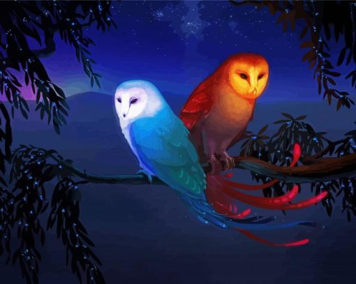 Red And Blue Bird Owls On Branch Paint By Number