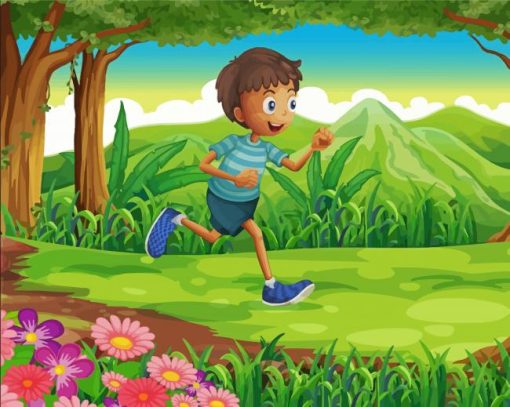 Cartoon Boy Running In Forest Paint By Number