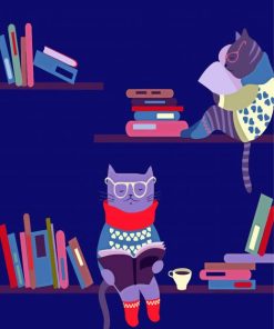 Cats reading Books On Bookshelves Illustration Paint By Number