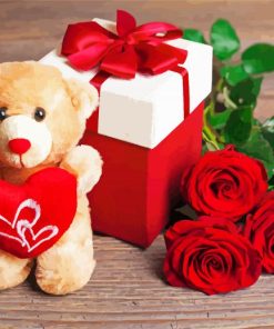 Romantic Teddy Bear And Red Flower Paint By Number