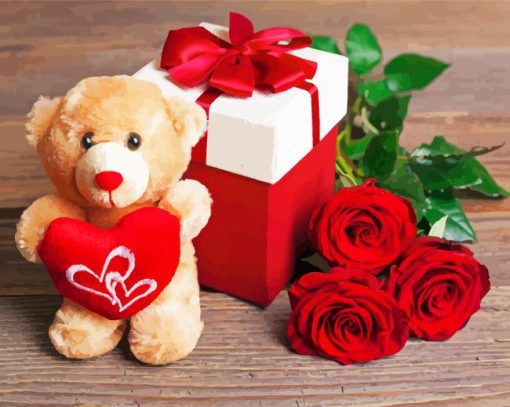 Romantic Teddy Bear And Red Flower Paint By Number