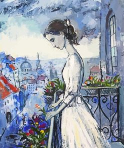 Sad Lady In White On Balcony Paint By Number