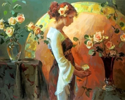 Woman Arranging Roses In Vase Paint By Number