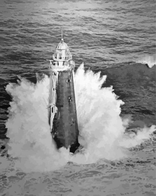 Black And White Lighthouse Crashing Waves Paint By Number