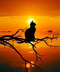 Lonely Cat Silhouette On Tree At Sunset Paint By Number