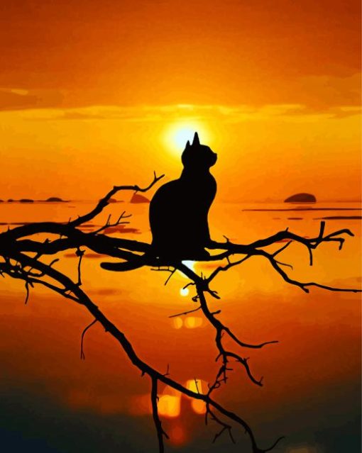 Lonely Cat Silhouette On Tree At Sunset Paint By Number