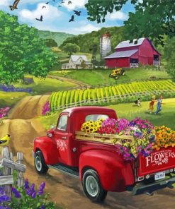 Red Truck With Flowers Art Paint By Number