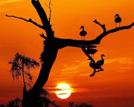 Sunset Tree With Birds Animals Paint By Number