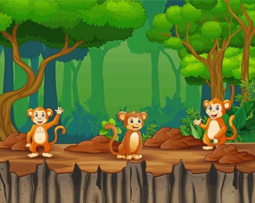 Happy Three Monkey Jungle Animal Paint By Number