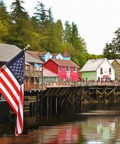 House With American Flag Paint By Number