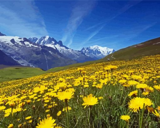 Yellow Field Flowers And Mountains Paint By Number