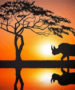 Tree And Rhino Sunset Paint By Number