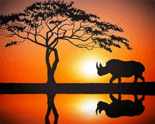 Tree And Rhino Sunset Paint By Number