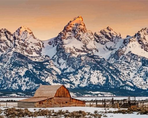 Barn Teton Snowy Mountains Paint By Number