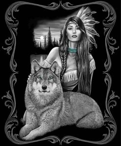 Black And White Indian Woman And Wolf Paint By Number