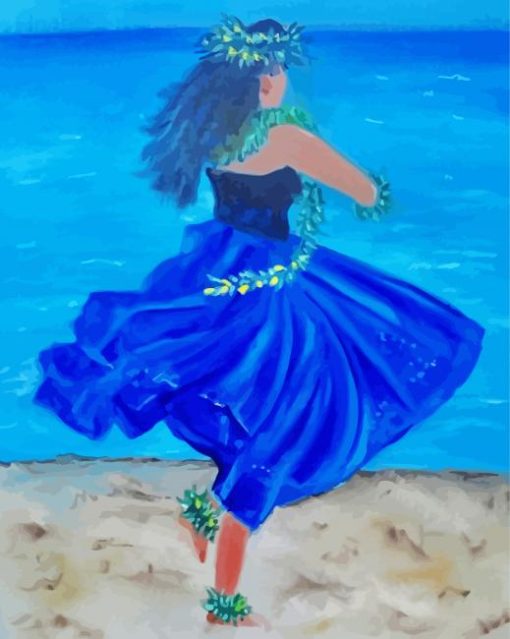 Hawaiian Girl On beach In Blue Dress Paint By Number