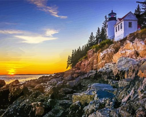 Sunset Over Bass Harbor Lighthouse Paint By Number