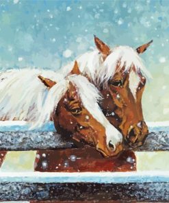 Two Horses At Winter Fence paint by number