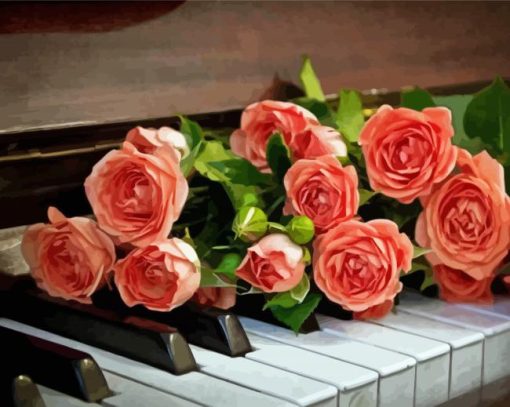 Aesthetic Piano With Pink Rose Flowers Paint By Number