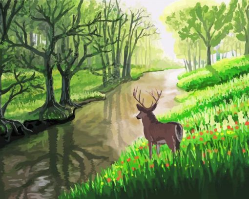 Animal Deer By The River Art Paint By Number