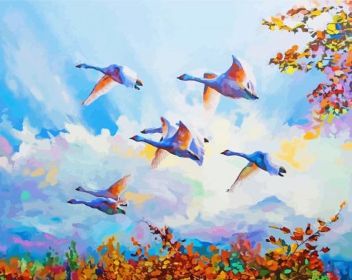 Flying Swans Over Trees Art Paint By Number