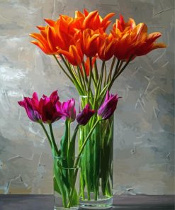 Orange And Purple Tulips In Glass Vases Paint By Number