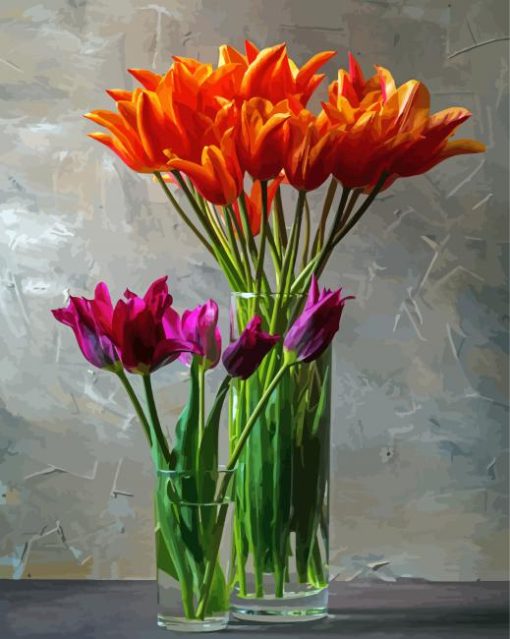 Orange And Purple Tulips In Glass Vases Paint By Number