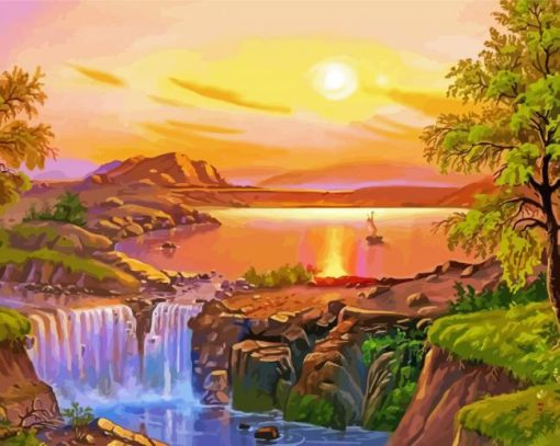 Sunset Waterfall River Paint By Number